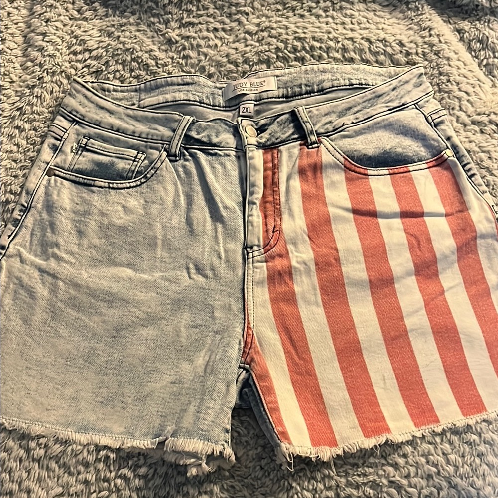 Judy Blue Red and Blue Jean Shorts Asymmetrical Design